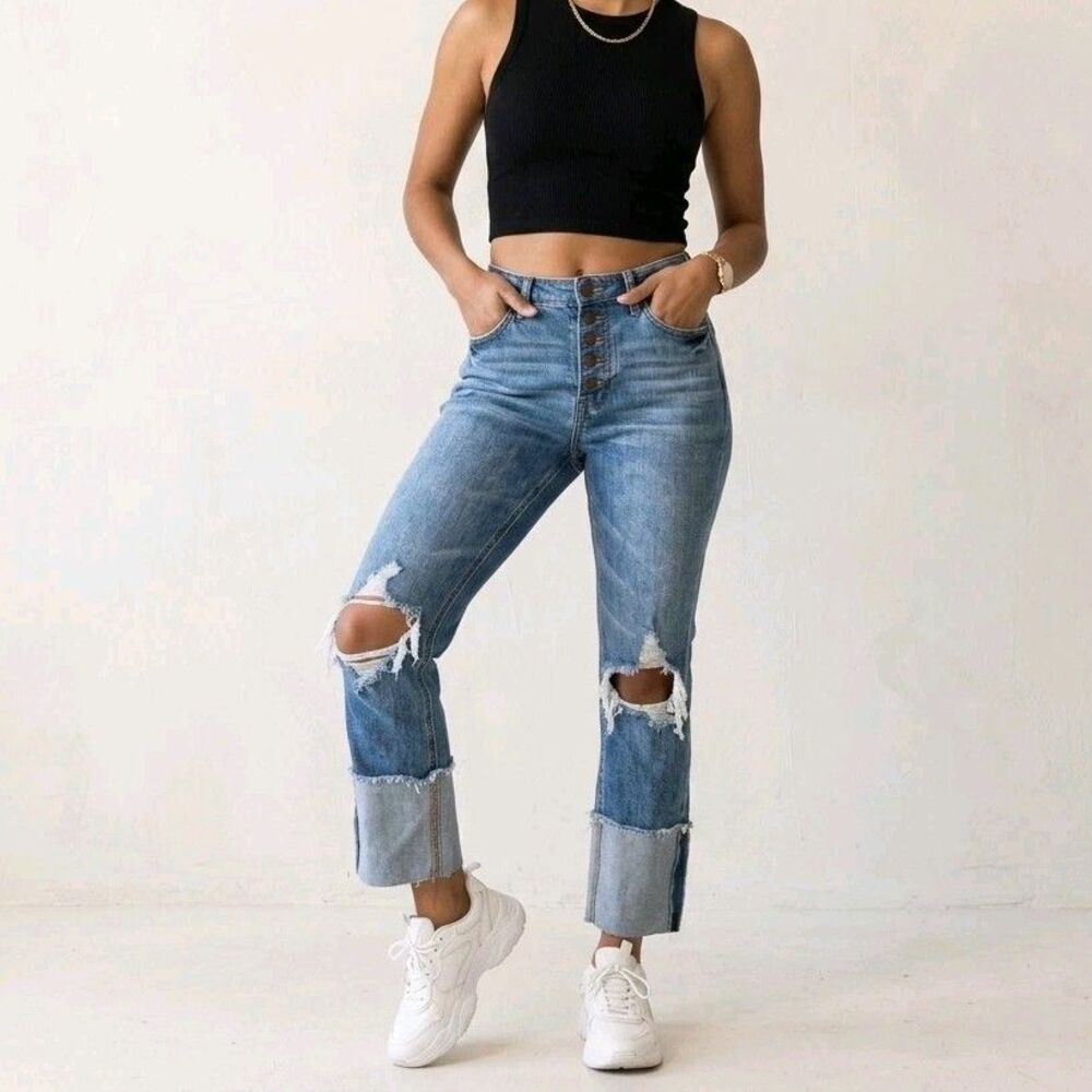 AFRM High-rise Mom Jeans Distressed knee rips Thick turned-up cuff Womens 26